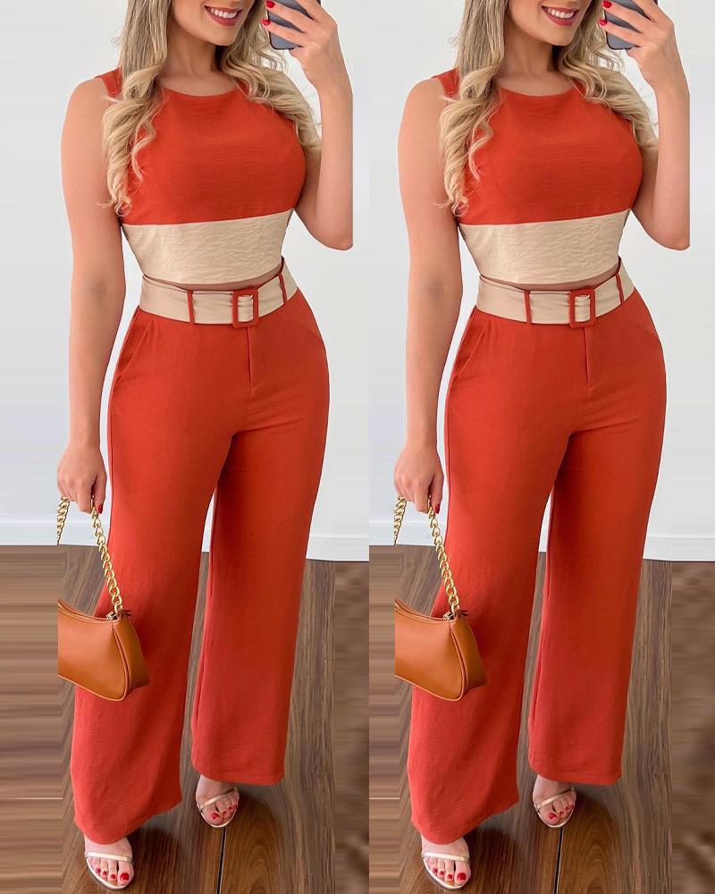 

Colorblock Casual Tank Top & Belted Pants Set, Orange