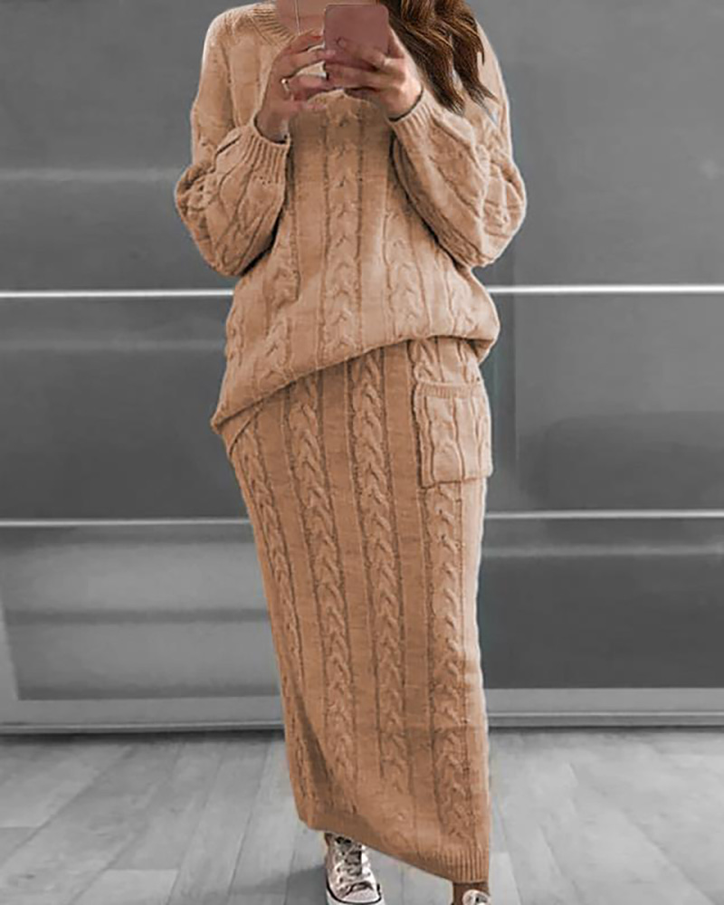 

Knit Long Sleeve Braided Sweater & Pocket Design Skirt Set, Khaki