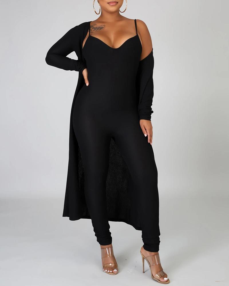 

Spaghetti Strap Skinny Jumpsuit With Long Sleeve Coat, Black