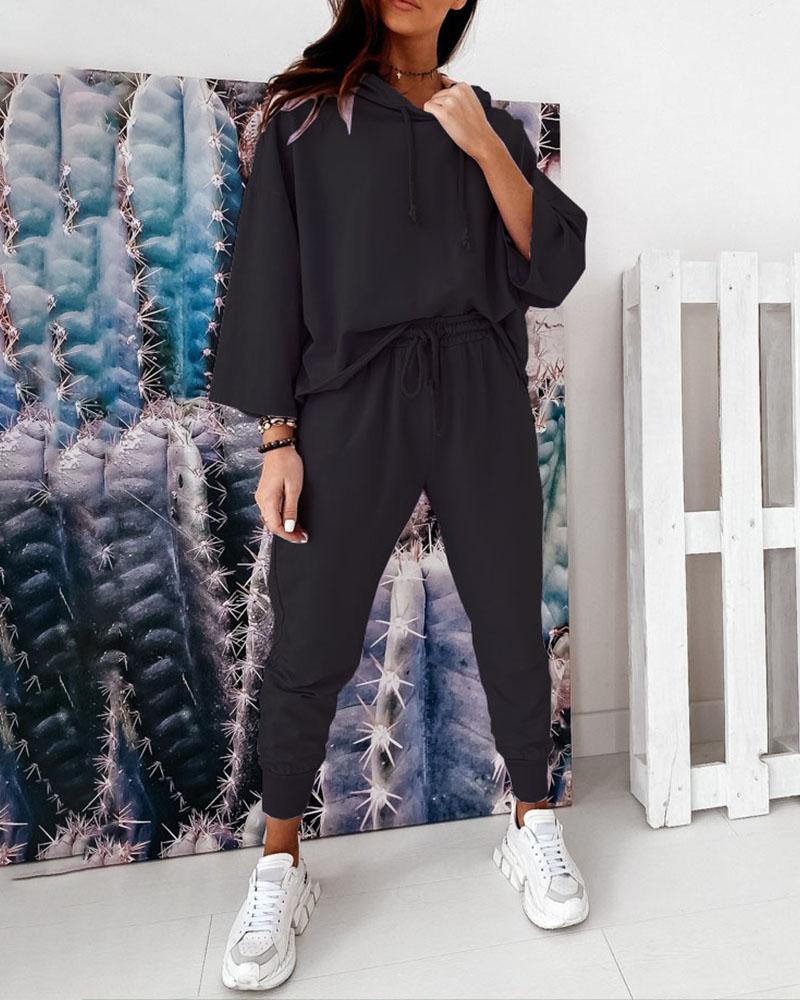 

Hooded Casual Top & Drawstring Pants Set, Black