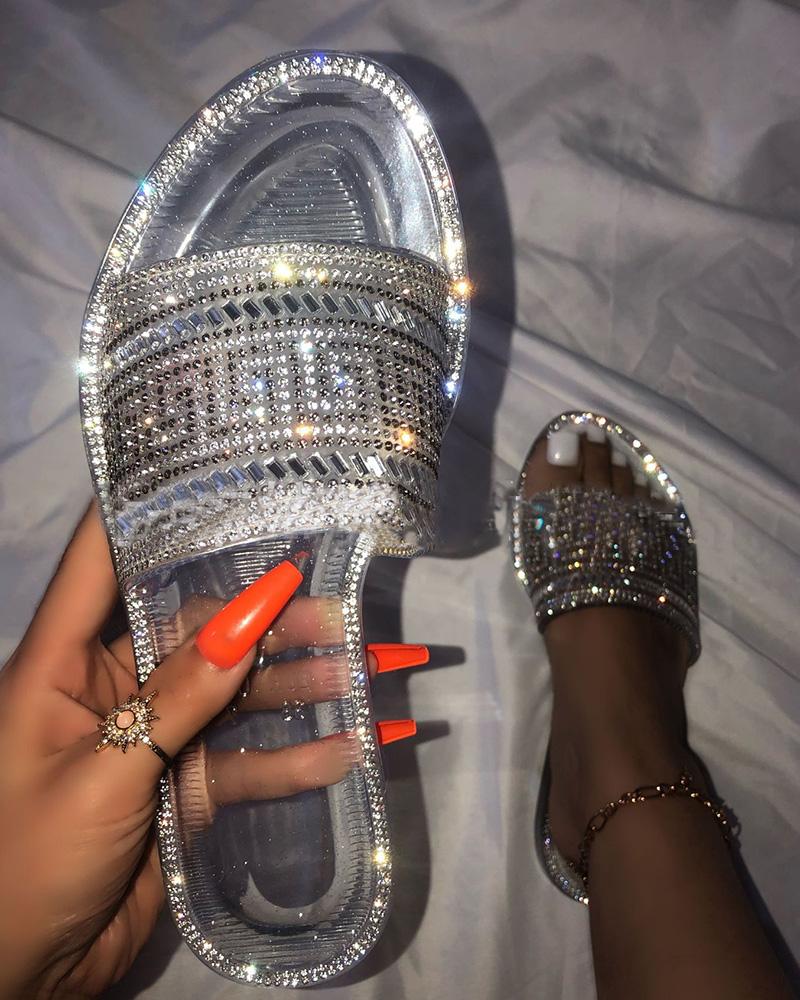 

Rhinestone Decor One Strap Clear Slippers