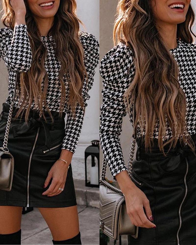 

O Neck Puff Sleeve Houndstooth Print Top, Black