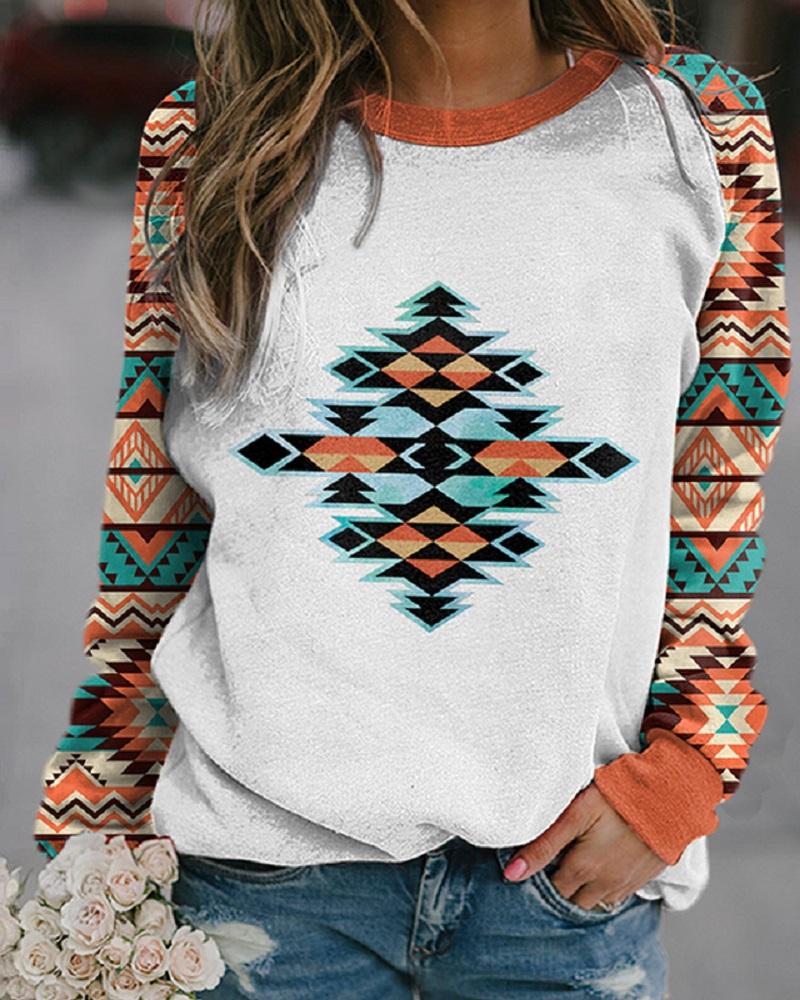 

Aztec Geometric Print Long Sleeve Top, White