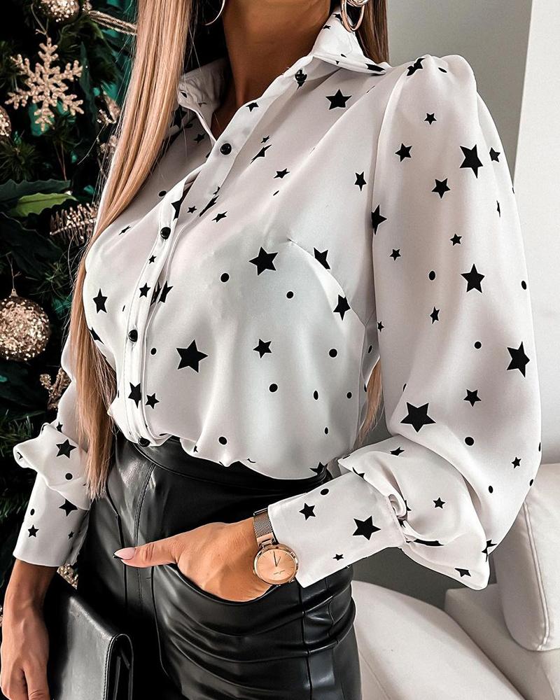 

Star Print Puff Lantern Sleeve Buttoned Top, White