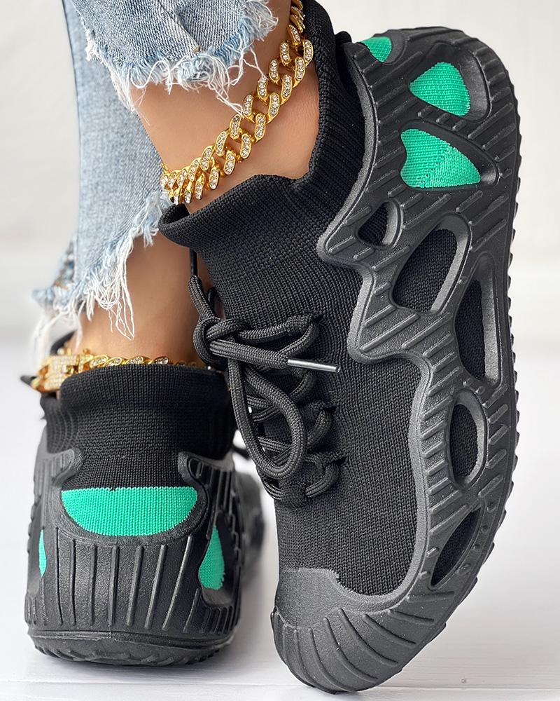 

Colorblock Breathable Lace-up Casual Sneakers, Black&green