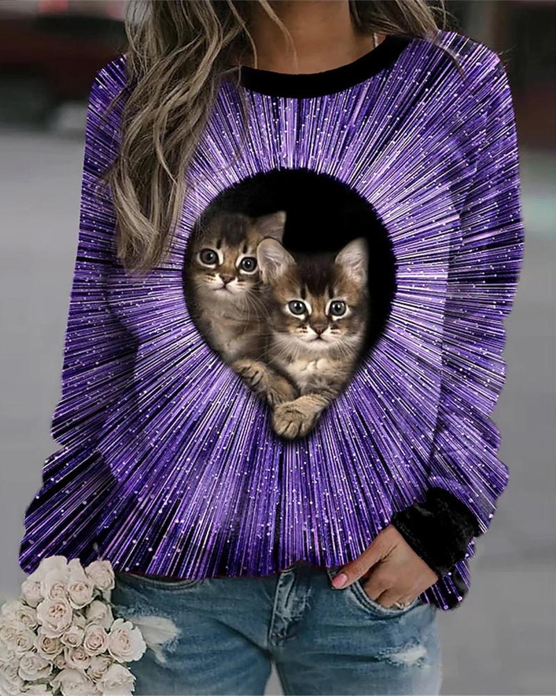 

Cute 3D Cat Print Long Sleeve Casual Top, Purple