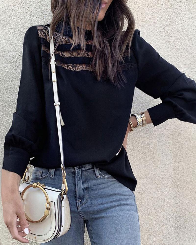 

Lace Embroidery See Through Long Sleeve Blouse, Black