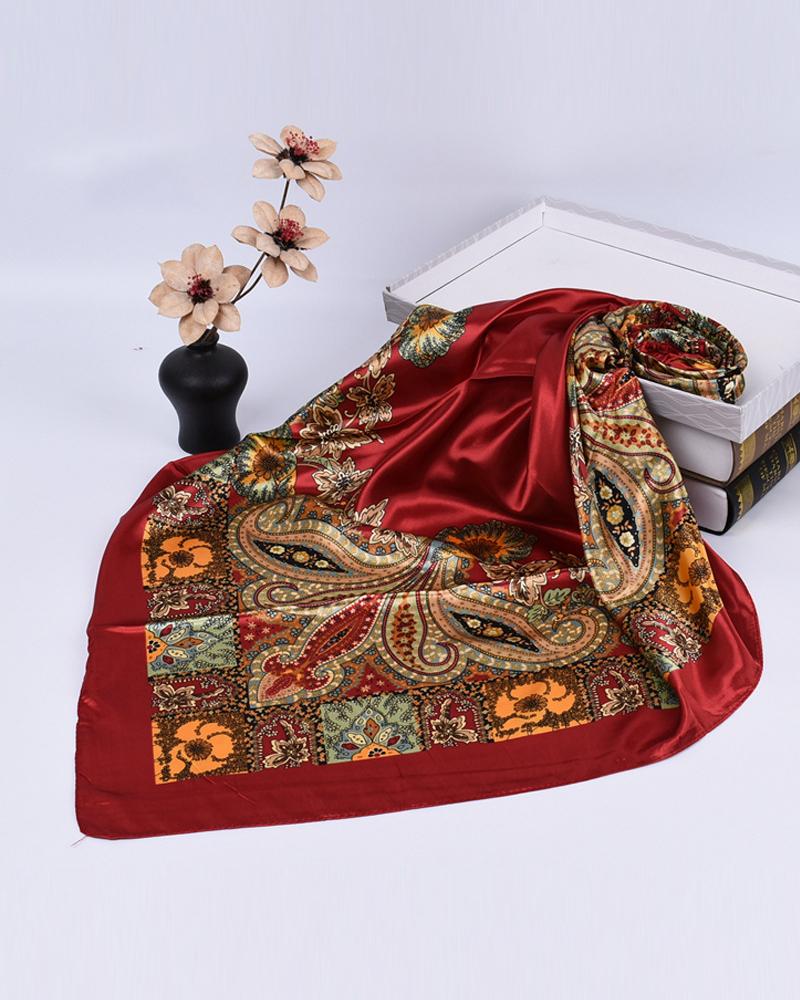 

Vintage Paisley Print Satin Square Scarf Headband, Wine red