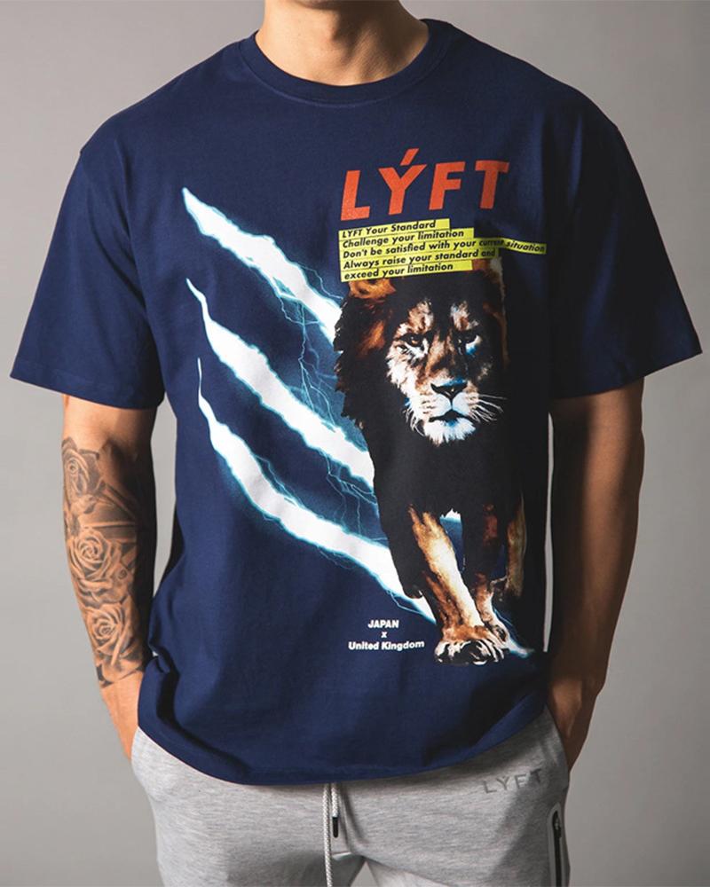 

Lion Print Short Sleeve Loose T-shirts, Blue