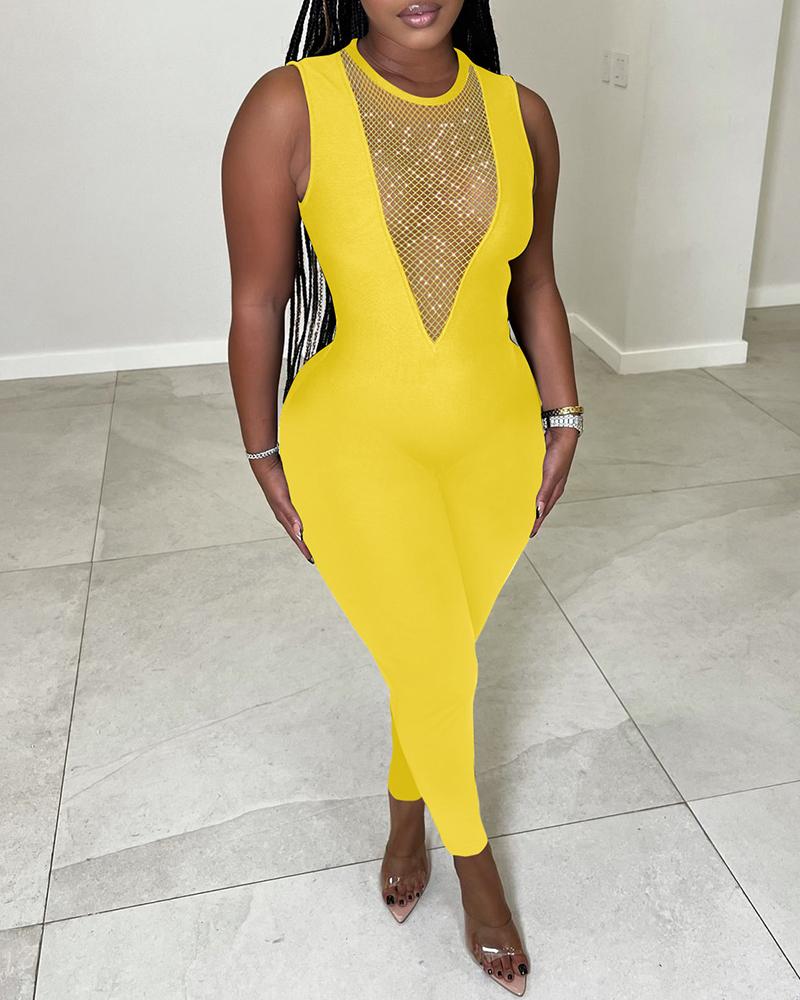 

Rhinestone Decor Hollow Out Sleeveless Jumpsuit, Yellow