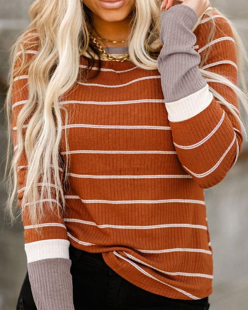 

Striped Long Sleeve Ribbed Top, Brown
