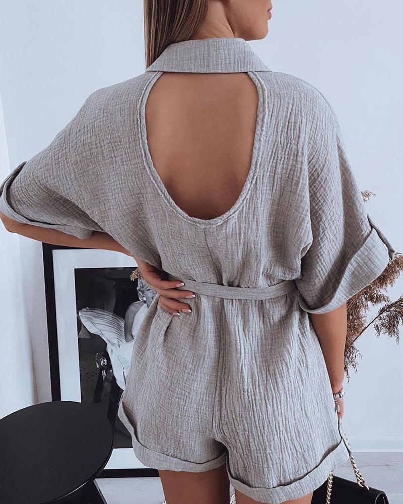 

Button Front Hollow-out Back Short Sleeve Drawstring Casual Rompers, Gray