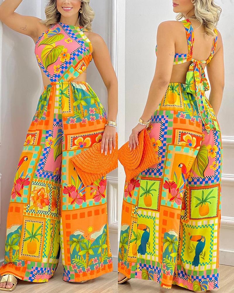 

Tropical Print Sleeveless Cutout Wide Leg Jumpsuit, Multicolor