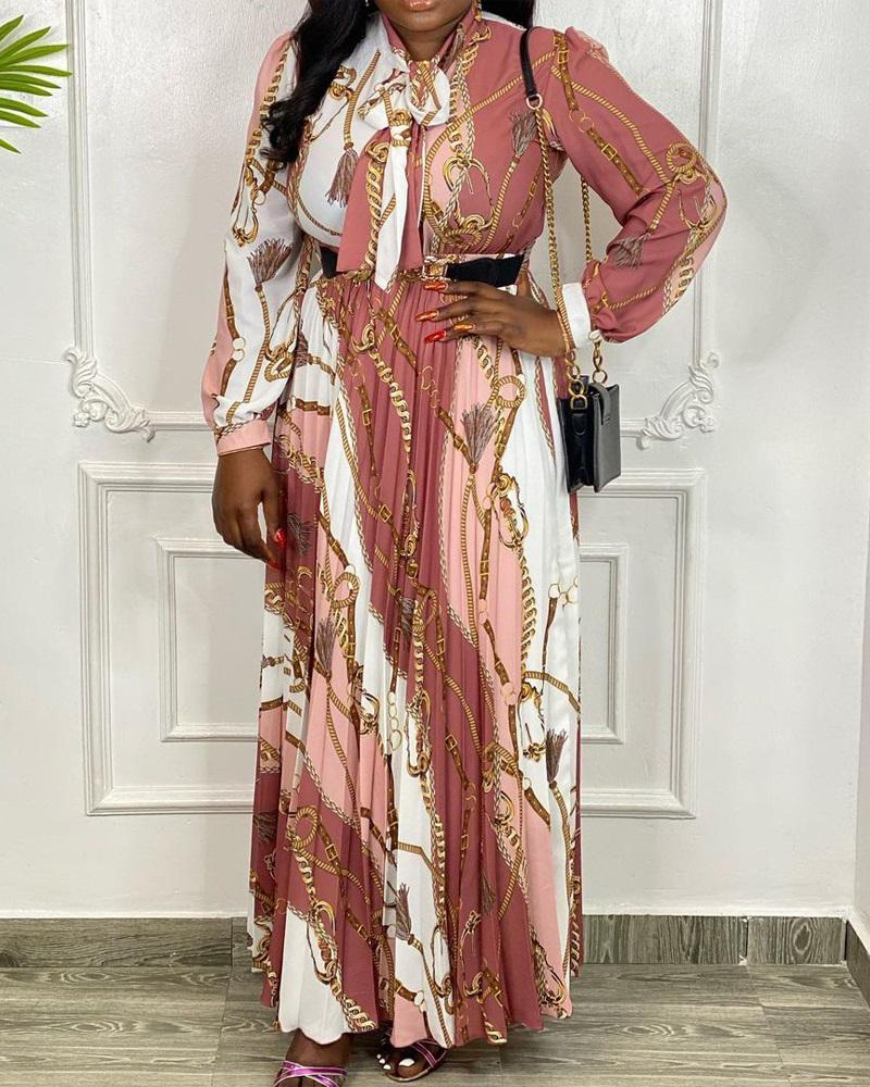 

Plus Size Rope Chain Print Colorblock Colorblock Maxi Dress, Pink