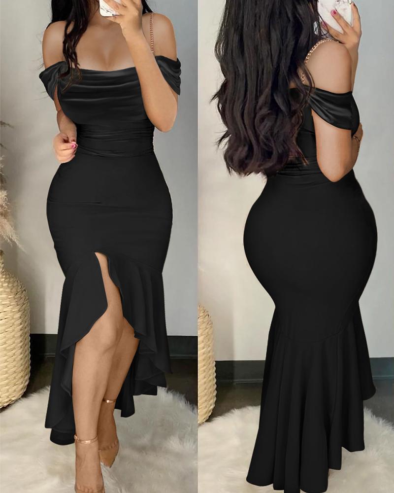

Chain Decor Cold Shoulder Mermaid Dress, Black
