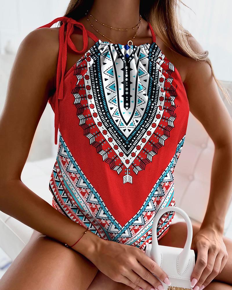 

Tribal Print Tied Detail Tank Top, Red