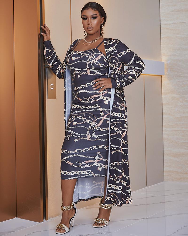 

Plus Size Chain Print Midi Dress With Cardigan, Multicolor