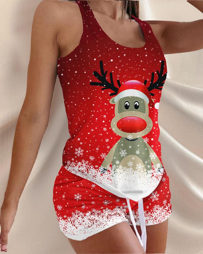 

Christmas Snowflake Elk Print Drawstring Pajamas Set, Red