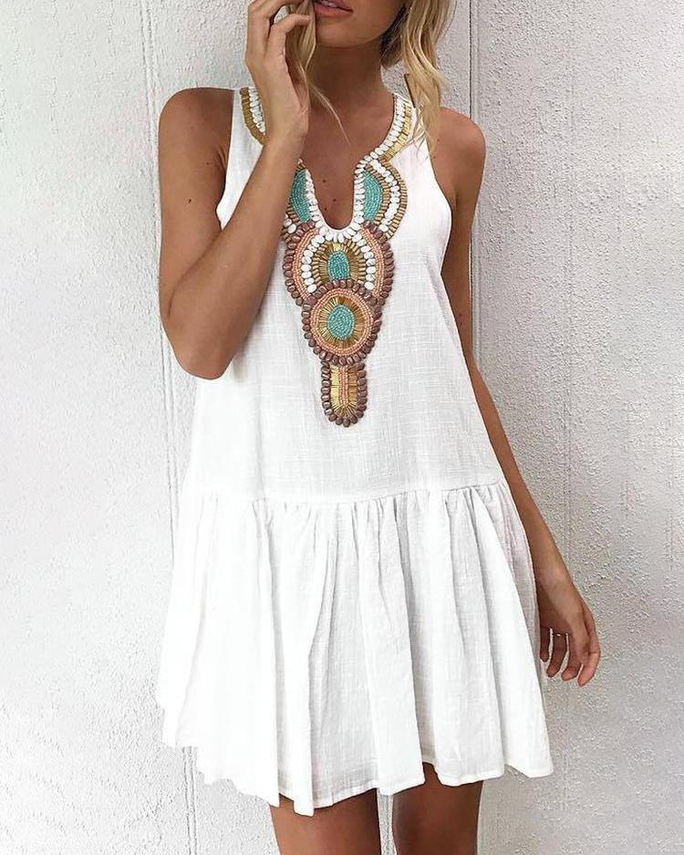 

Deep V Retro Print Sleeveless Pleated Dress, White