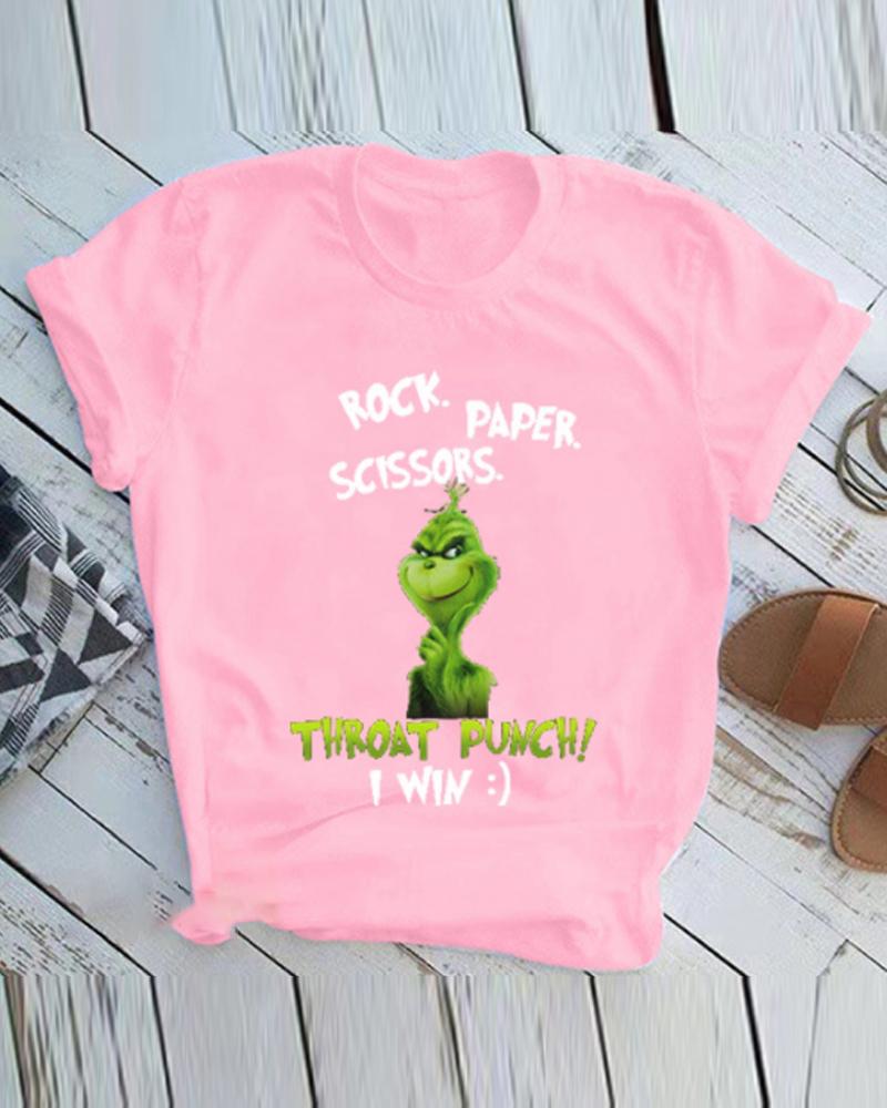 

Christmas Letter Grinch Print Short Sleeve T-shirt, Pink