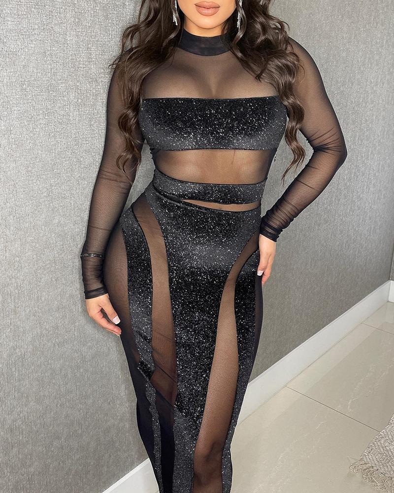 

Glitter Contrast Mesh Long Sleeve Evening Dress, Black
