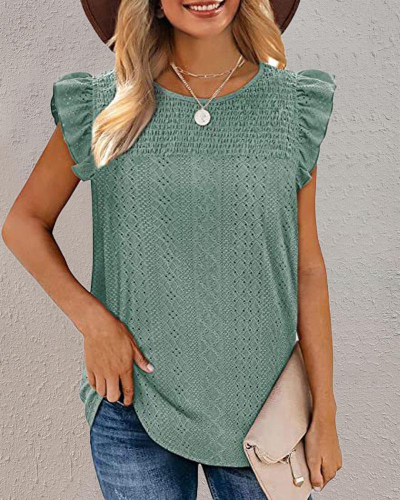 

Eyelet Embroidery Ruffle Hem Shirred Tank Top, Green