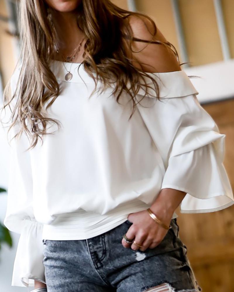 

One Shoulder Bell Sleeve Plain Blouse, White