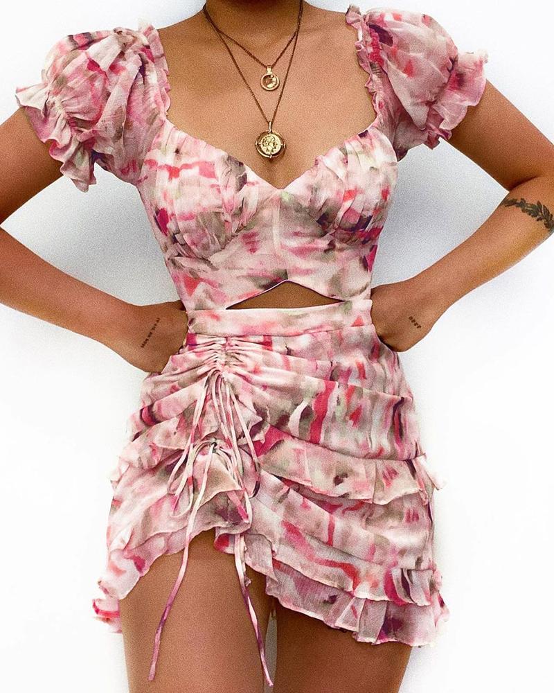 

Tie Dye Print Cutout Drawstring Dress, Pink