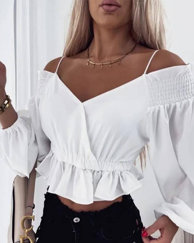 

Cold Shoulder Shirred Ruffles Crop Top, White