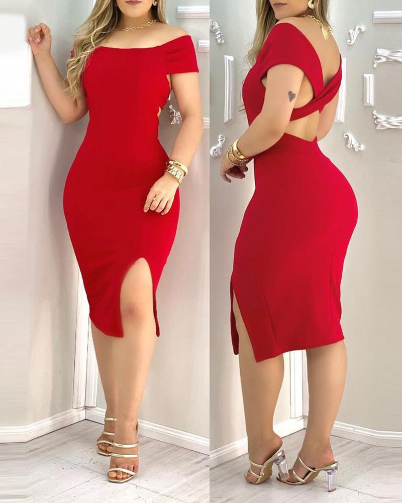 

Plain Off Shoulder Open Back Slit Midi Dress, Red