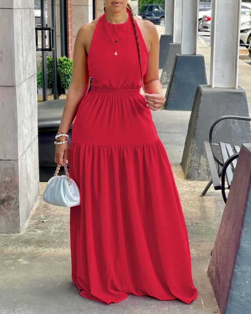 

Plain Halter Backless Maxi Dress, Red