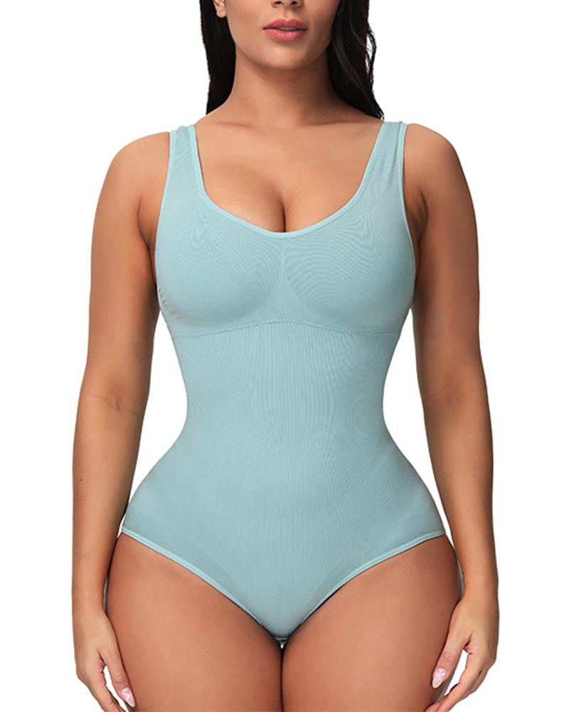 

U-Neck Skinny Waist Sleeveless Bodysuit, Green