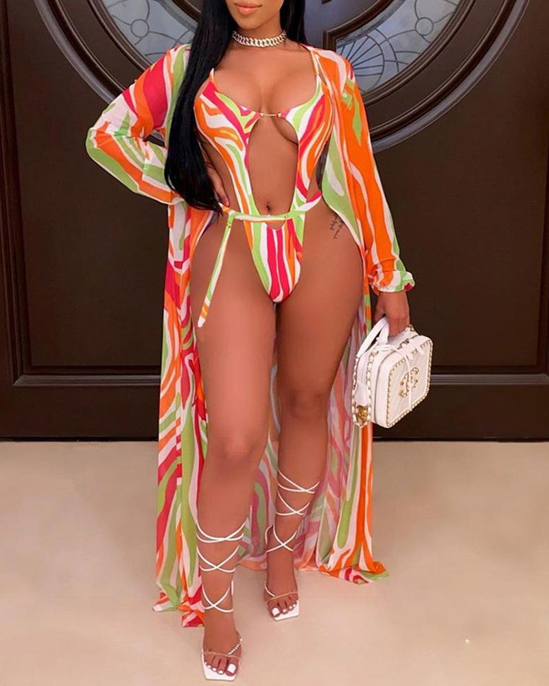 

Zebra Stripe Print Cutout One Piece Swimsuit With Cover Up, Orange