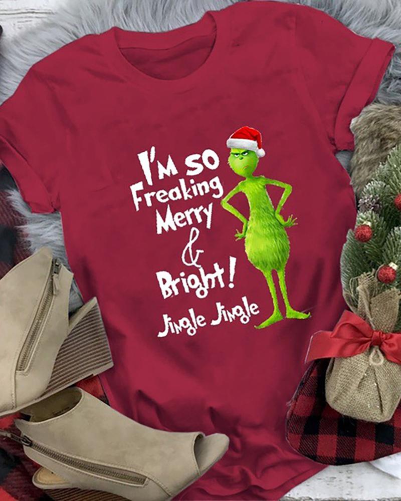 

Christmas Graphic Letter Print Short Sleeve T-shirt, Red