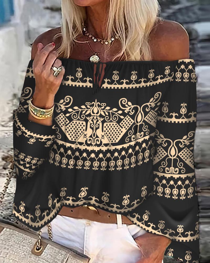 

Retro Tribal Print Off Shoulder Top, Black