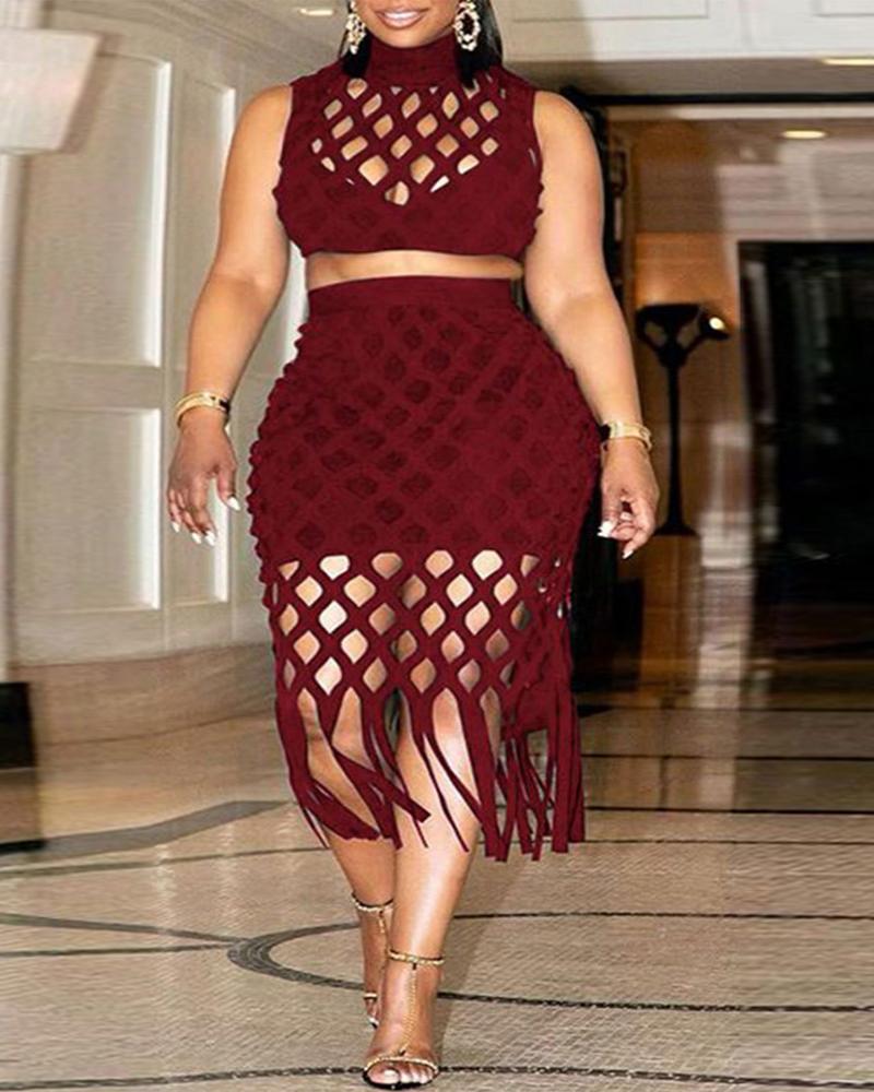 

Plus Size Hollow Out Crop Top & Tassel Trim Skirt Set, Wine red