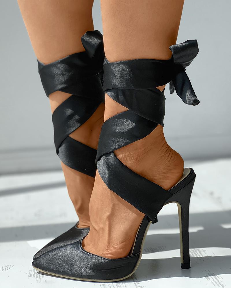 

Satin Ribbon Tied Detail Strappy Stiletto Heels, Black