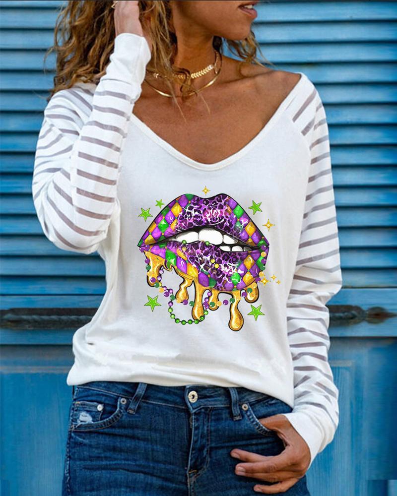 

Mardi Gras Lip Print Contrast Mesh Long Sleeve Top, White