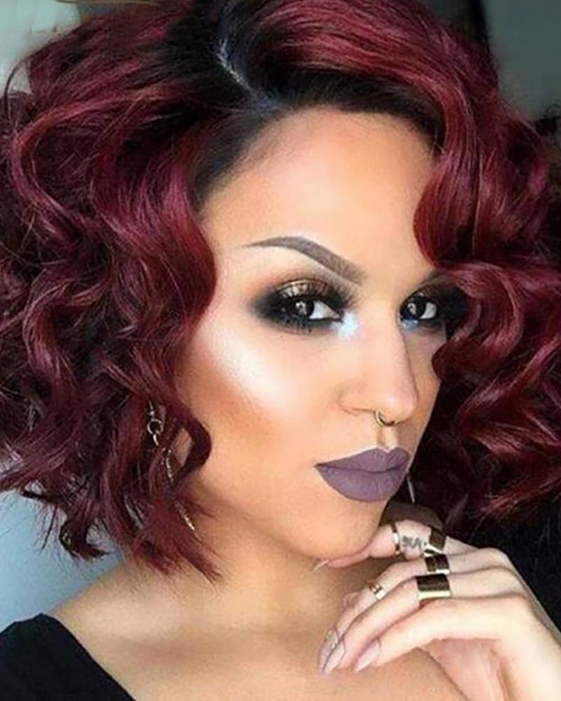 

12.60 Inch Short Curly Bob Wigs Red Ombre Synthetic Hair Wigs with Free Cap, Wine red