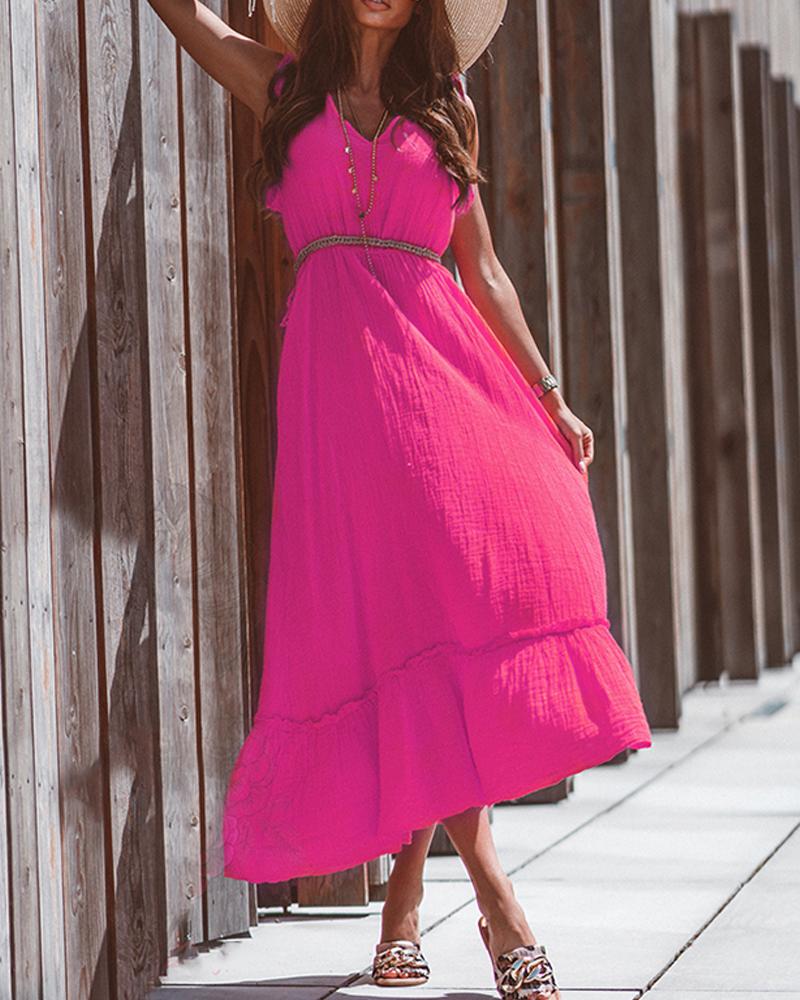 

Solid Color Ruffle Hem Sleeveless Maxi Dress, Hot pink