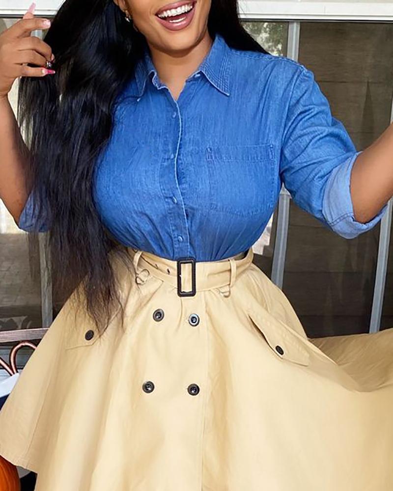

Long Sleeve Button Design Denim Shirt, Blue