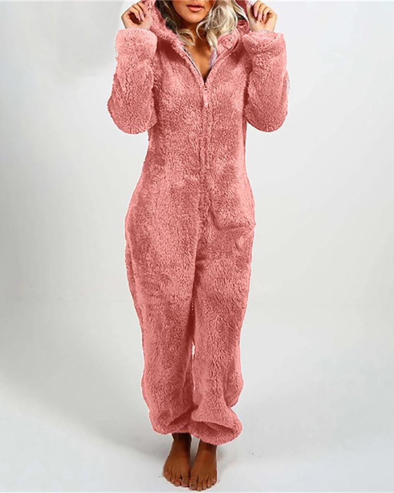 

Long Sleeve Zipper Front Hooded Fluffy Onesie, Pink