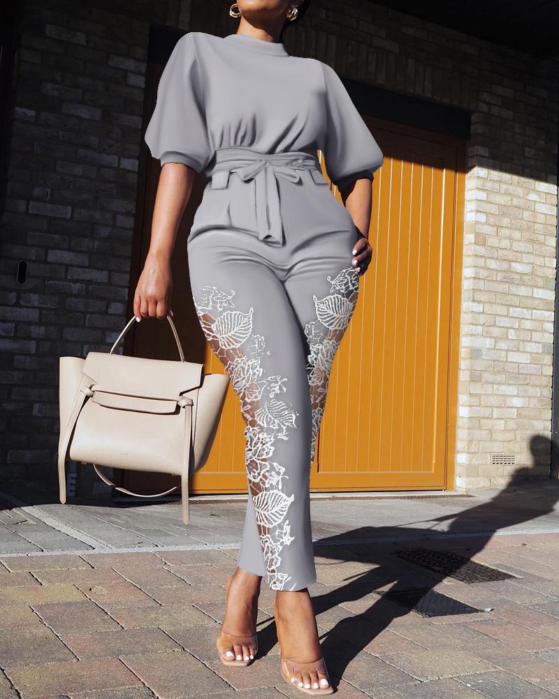 

Tied Detail Lantern Sleeve Contrast Lace Jumpsuit, Gray