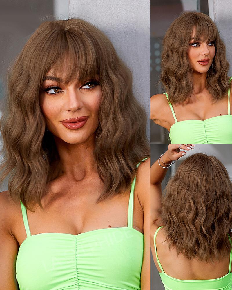 

Fashion Shoulder Length Wavy Heat Resistant Synthetic Hair Wig With Bangs, Brown