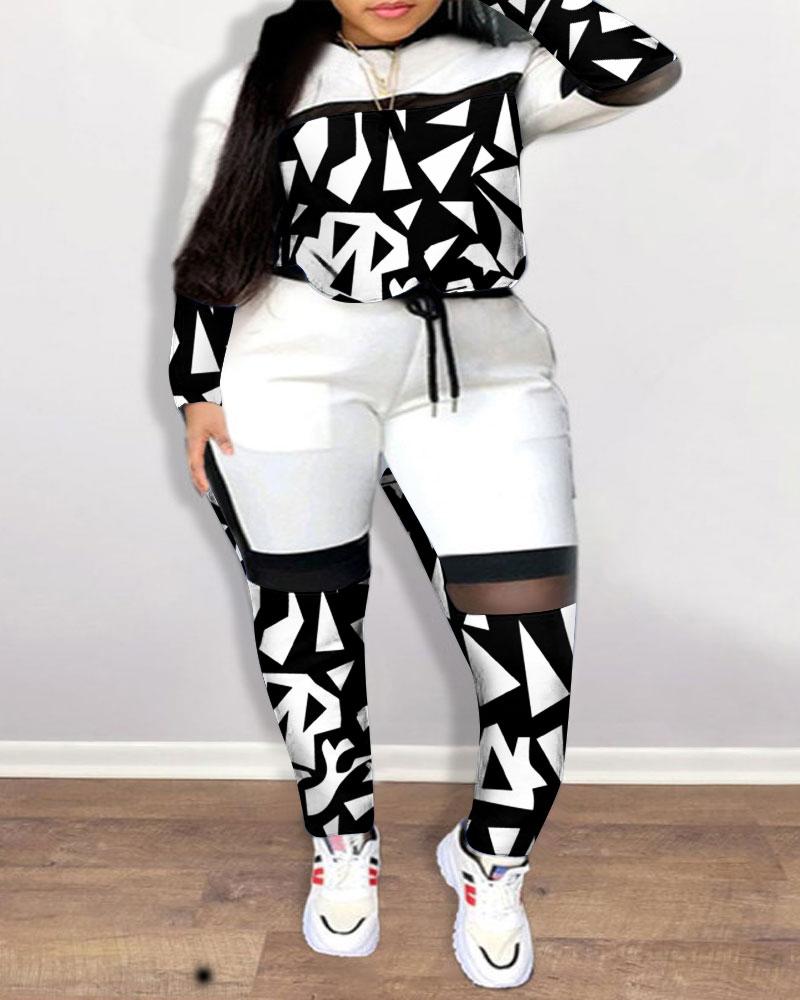 

Plus Size Geo Print Colorblock Long Sleeve Top & Pants Set, Blackwhite