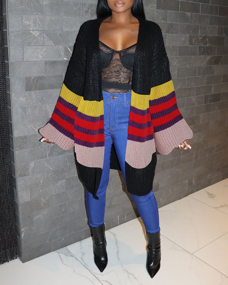

Lantern Sleeve Striped Colorblock Cardigan, Black