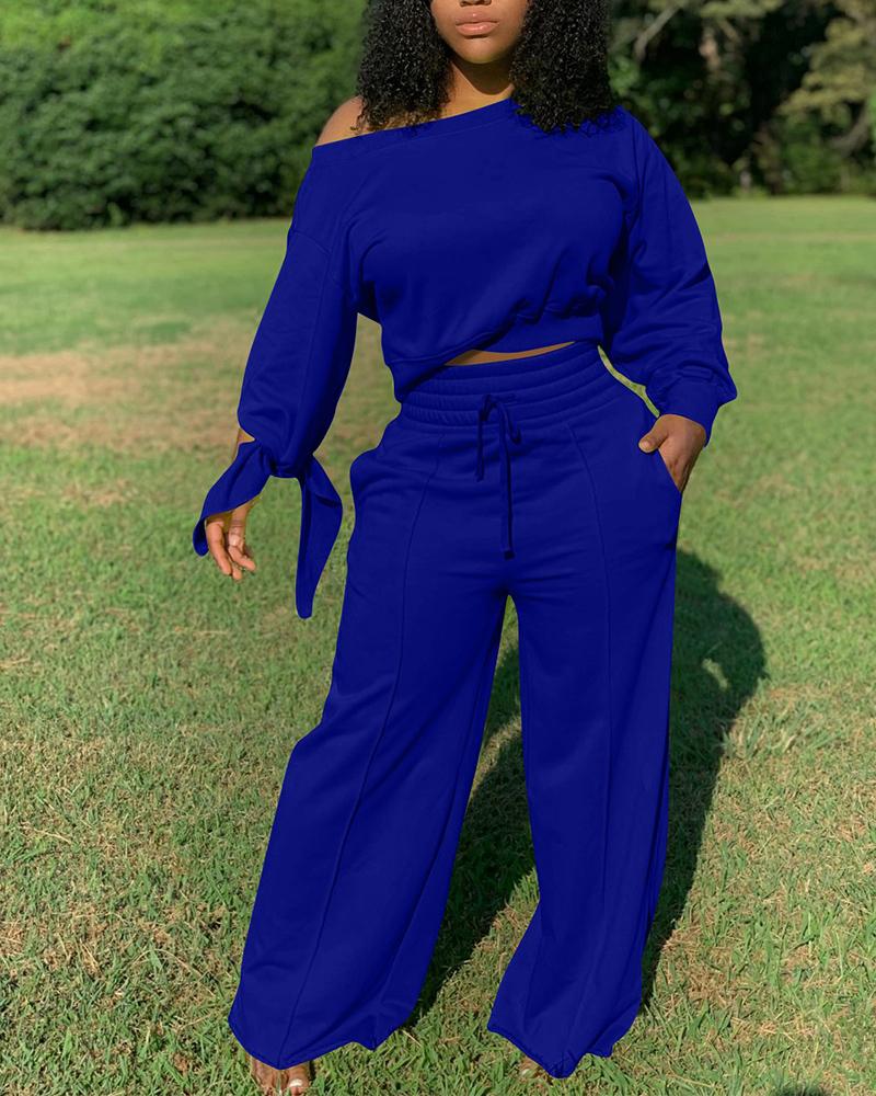 

Lace-Up Back Long Sleeve Top & Drawstring Wide Leg Pants Set, Blue