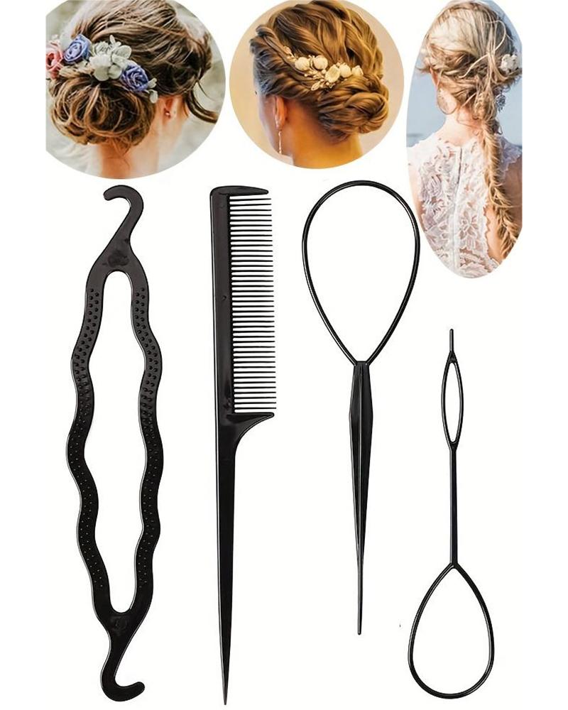 

4PCS Bun Maker & Hair Braid Tool & Comb & Magic Hair Twist Hair Styling Accessories Kit Set, Black