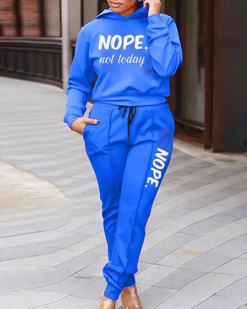 

Nope Not Today Print Hooded Top & Drawstring Pants Set, Blue