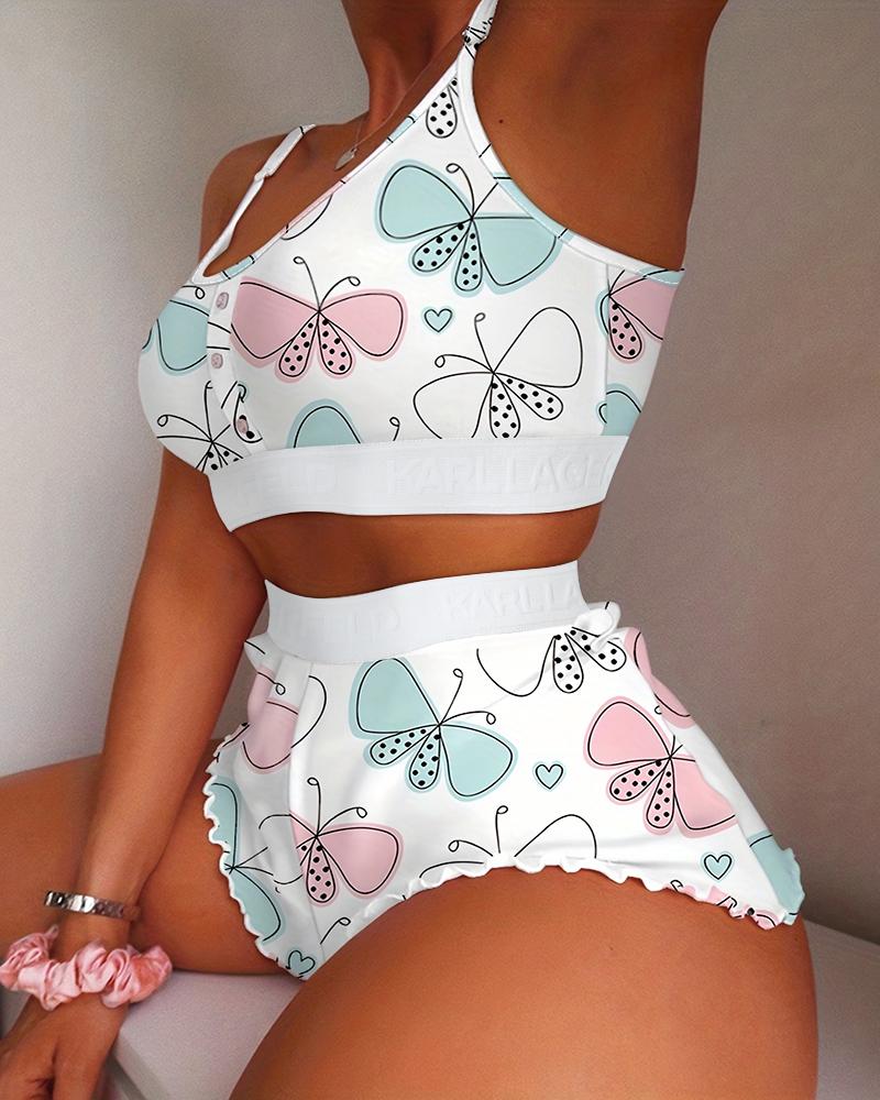 

Butterfly Print Frill Hem Cami Set, White